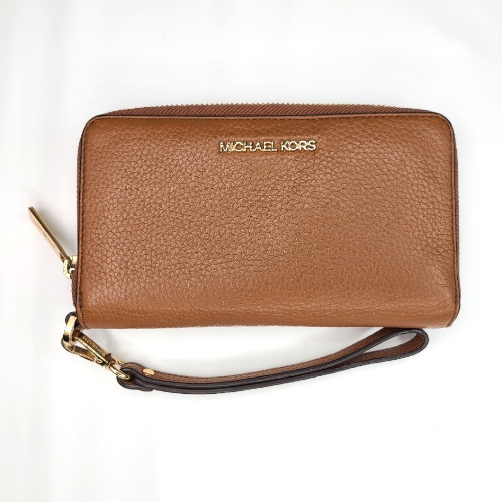 Micheal Kors Women's Jet Set Travel Gold Zip Around Brown Leather Wallet